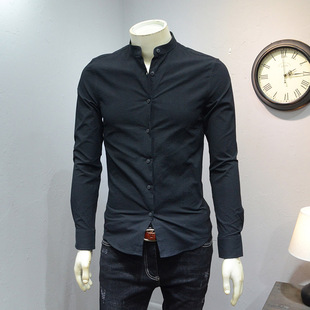 立领暗纹长袖衬衫，男2023秋季打底衫韩版修身纯色黑色衬衣