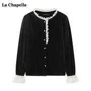 拉夏贝尔lachapelle木耳边立领，衬衫女春季气质，丝绒衬衣上衣