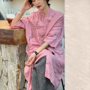不规则设计纯色中长款衬衫大码女装中国风斜襟盘扣立领五分袖衬衫