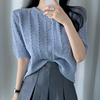 韩国chic春季温柔奶软蓝圆领麻花纹设计宽松百搭纯色短袖针织毛衣