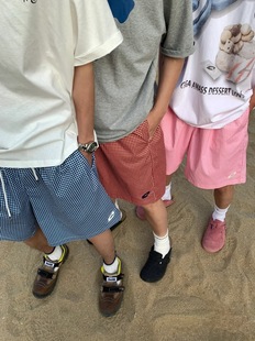 夏季美式沙滩格子五分短裤男女宽松透气速干薄款抽绳运动休闲短裤