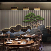 新中式餐厅背景墙壁纸现代中国风3d立体山峦茶室过道装饰古典墙纸