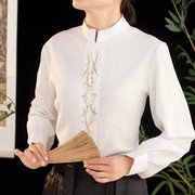 白色立领盘扣衬衫女春季中式复古国风提花衬衣女，配马面裙上衣