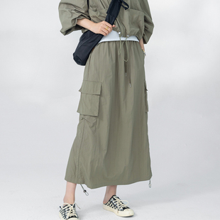 MIUZA设计师款军绿色工装裙直筒半身裙高腰开叉长裙2023秋季