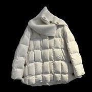 羽绒服女中长版2023冬圆领针织扣披肩加厚宽松菱格白鸭绒外套