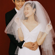 森系蓬蓬双层韩式白色硬纱头纱结婚婚纱礼服头饰影楼拍照造型短款