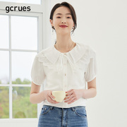 gcrues刺绣镂空衬衫女2024夏季单排扣短袖白色娃娃领上衣系带