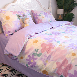 田园紫色花卉小碎花床上四件套，全棉纯棉床单床笠款水墨画风格床品
