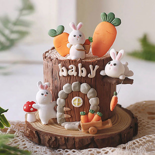 网红森系卡通小兔子胡萝卜小房子竹筐兔宝宝周岁生日蛋糕装饰摆件