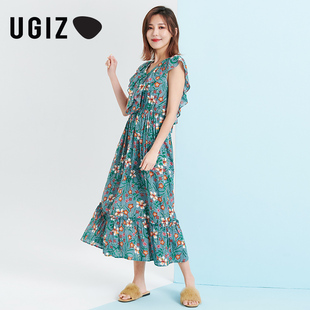 ugiz夏季韩版女装，时尚碎花长裙，甜美雪纺连衣裙女uboe912