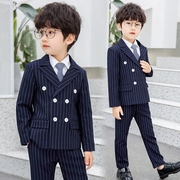 男童西服套装韩版英伦秋冬儿童演出服男孩西装加绒小西服休闲条纹