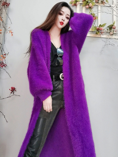 毛衣女(毛衣女)2023冬季紫色，水貂绒开衫，宽松加厚中长款慵懒风披肩外套