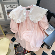 女童短袖衬衫2023夏季法式甜美娃娃领粉色条纹衬衫洋气上衣潮