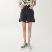 韩国royalcheese牛仔裤2022夏季黑色显瘦短裤，宽松高腰热裤女