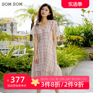 SOMSOM/索玛2023夏季短袖连衣裙女V领长款格子雪纺裙子12025