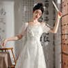 新中式白色网纱雪纺短袖连衣裙，女2024夏季水墨画，改良盘扣旗袍长裙