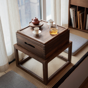 禅意小茶台茶桌飘窗桌日式榻榻米，可收纳黑胡桃实木，阳台茶几小桌子