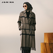 j&nina捷恩尼纳不规则条纹，流苏西装羊，毛呢大衣女秋冬季呢子外套
