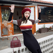 欧韩女装针织裙子韩版小香风拼色条纹收腰性感包臀毛衣连衣裙