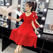 女童连衣裙2020夏雪纺(夏雪纺，)v领红色长裙，8中大童12岁洋气波西米亚裙