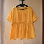 韩版黄色圆领套头棉麻短袖衬衫高腰，宽松木耳边娃娃衫亚麻上衣女