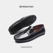 bosssunwen男士豆豆鞋2024漆皮牛皮，一脚蹬皮鞋，真皮商务乐福鞋