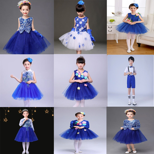 六一儿童演出服深蓝色公主裙，合唱衣服幼儿园毕业朗诵跳舞蓬蓬纱裙