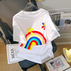 欧洲站彩虹印花白色短袖T恤女夏2024宽松中长款可爱时髦上衣