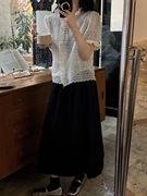 onetwo重工蕾丝刺绣荷叶，领短袖衬衫，女夏季韩国甜美减龄衬衣