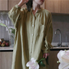 亚麻春夏抹茶绿衬衫式长款连衣裙，宽松休闲棉麻文艺，麻质外套长开衫