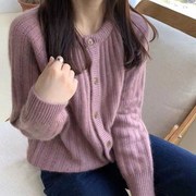 紫色秋冬韩国宽松复古风，加厚羊毛衫毛衣女(毛，衣女)外穿针织开衫外套潮