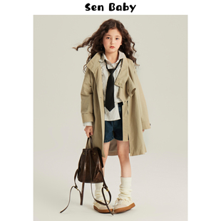 senbaby女童外套2024春秋，韩版童装儿童重工英伦，风中长款风衣