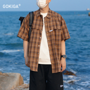 gokiga宫崎迦日系复古短袖衬衫，男夏季宽松休闲格子，衬衣外套潮2054