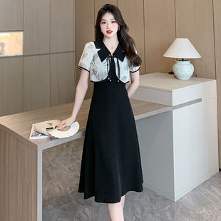 夏季复古新中式国风，气质套装印花短开衫黑色，吊带裙优雅两件套