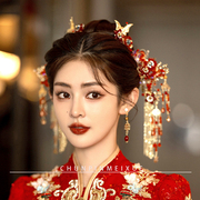 中式新娘头饰秀禾服龙凤褂，红色凤冠步摇发簪，发饰古典婚礼结婚饰品