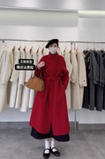 高级红色双面羊绒大衣女，中长款2023冬季宽松系带羊毛外套韩版