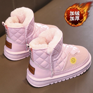 女童鞋子面包鞋粉色皮面雪地，靴高帮女款冬季防水儿童加绒加厚短靴