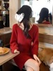 时髦中长款红色毛衣女(毛衣女)2024春秋新年韩版v领小个子百搭针织连衣裙