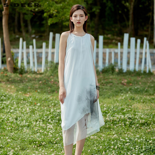sdeer圣迪奥夏季网纱水墨，国风不规则，设计感白色连衣裙s20281215