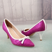 36-37码紫色印花织物蝴蝶结猪皮，真皮里女鞋子尖头浅口单鞋p110-2