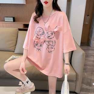 小众设计感短袖t恤女夏季韩版宽松大码女装中长款可爱兔子上衣服