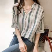 夏季女装韩版批发学生慵懒bf风衬衣大码宽松短袖，复古条纹衬衫