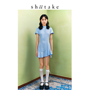 Shiitake诗塔克设计师品牌蓝色格子短旗袍女夏季连衣裙短袖花边