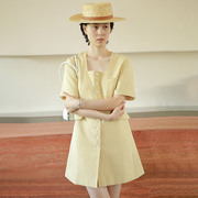 studiofun小众设计感连衣裙，女夏季方领高级感灰色黄色短袖西装裙