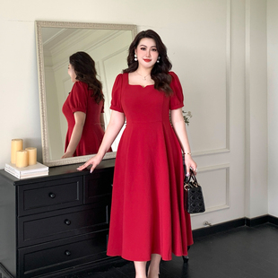 GLEC大码女装2024夏季法式复古高级感气质收腰红色方领连衣裙