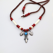 印第安纳瓦霍复古风手工，制作925纯银羽毛吊坠牛骨，珠琉璃珠项链