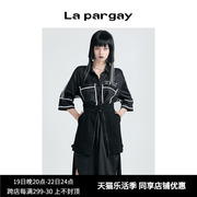 Lapargay纳帕佳夏季女装黑白色上衣个性时尚休闲短袖长款衬衫