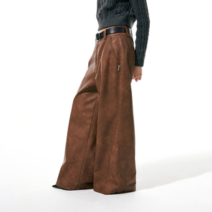funkyfun原创设计复古棕色洗水皮裤，宽松休闲时髦chic长裤阔腿裤潮