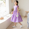 女童夏装连衣裙2024洋气紫色儿童，夏天裙子大童文艺，范过膝(范过膝)长裙