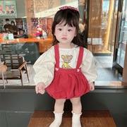 网红女宝宝秋装背带裤套装2024春季婴儿衬衫韩版两件套小女孩